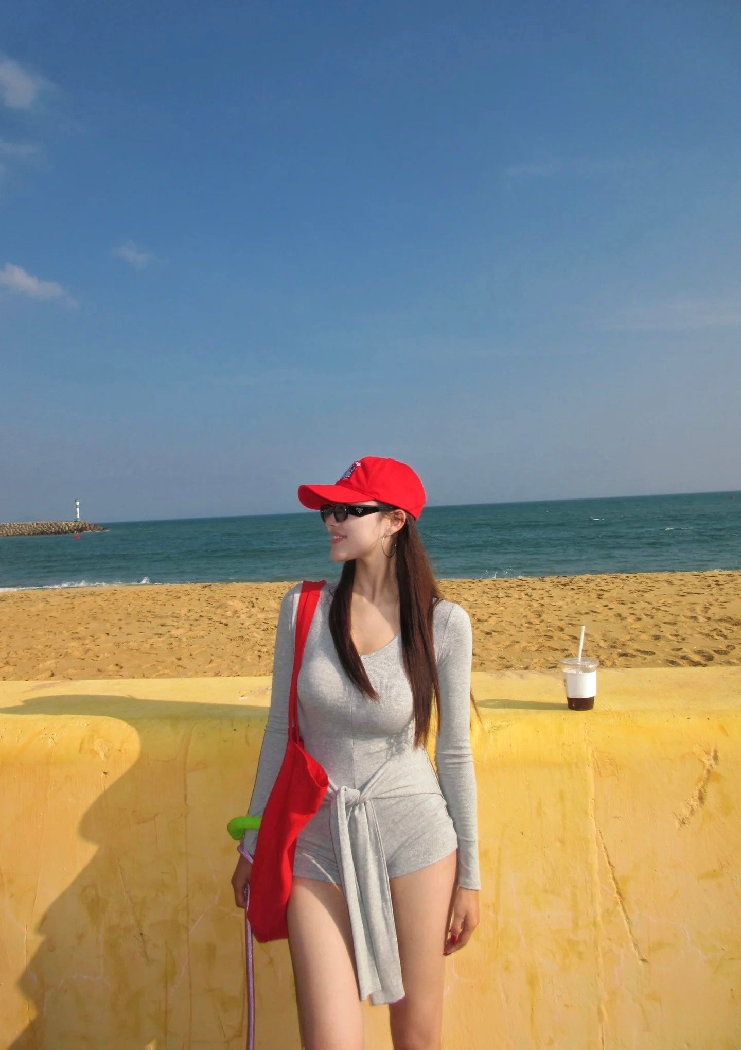 a- Grey Two piece long sleeved bodysuit