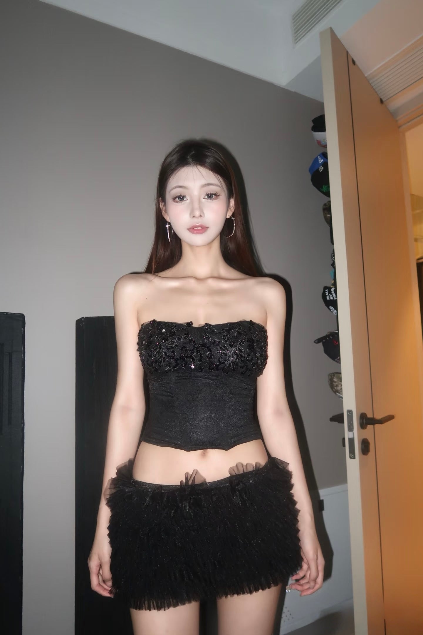 A- Black Strapless Top & Mini Skirt Set