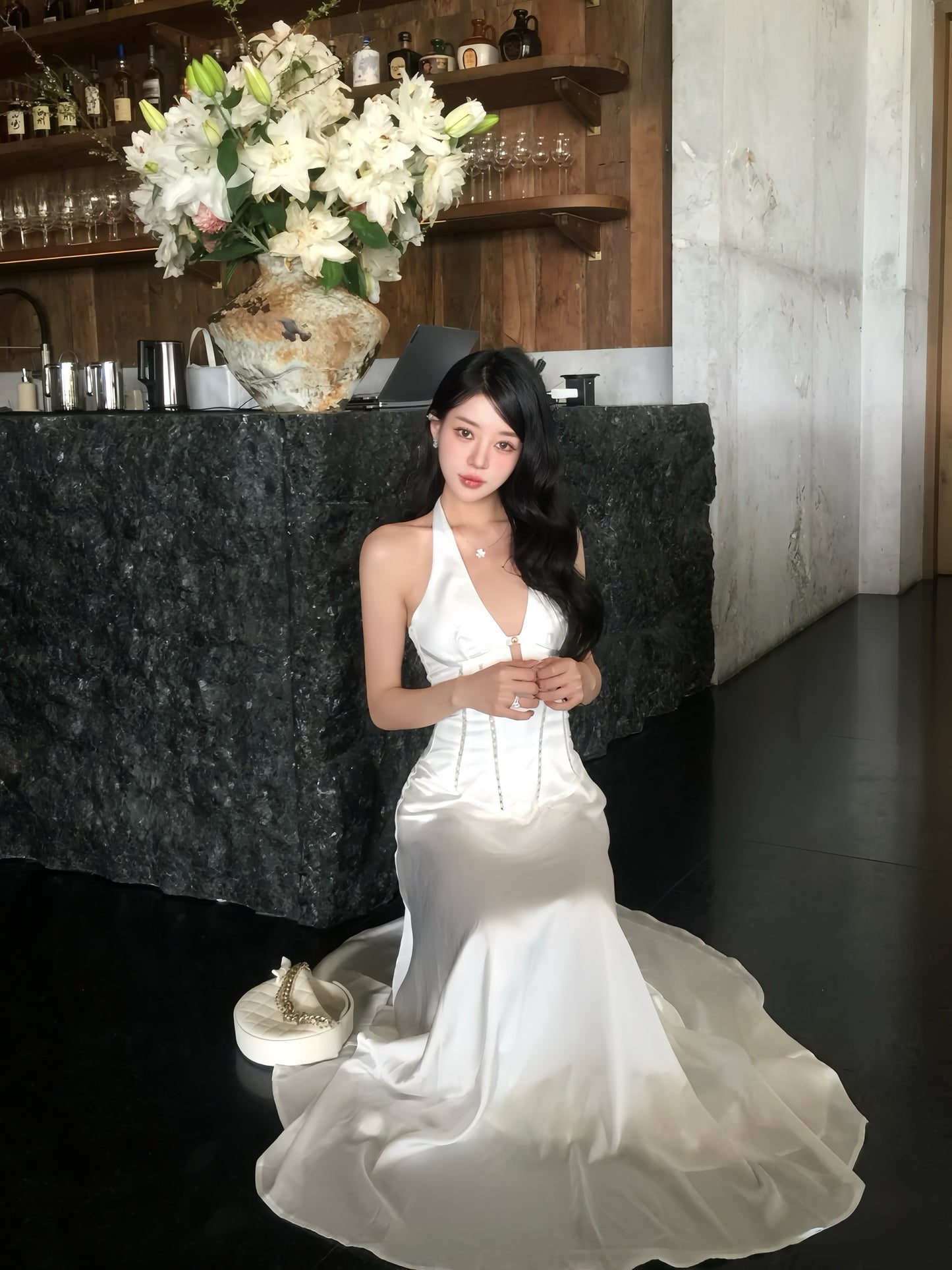 a- Long White Satin Dress