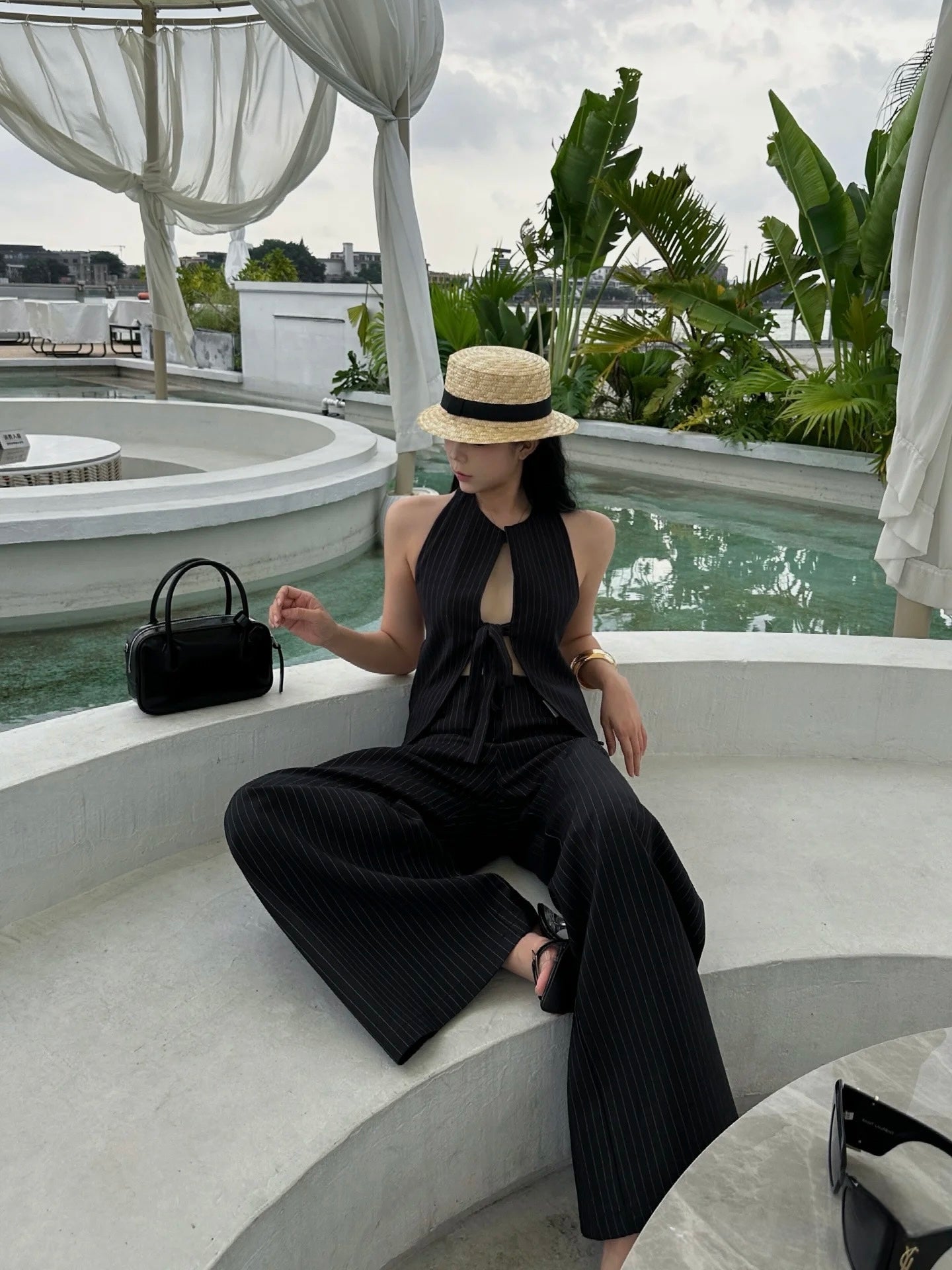 Striped Backless Bow Tie Blouse and Long Pants Suit Set