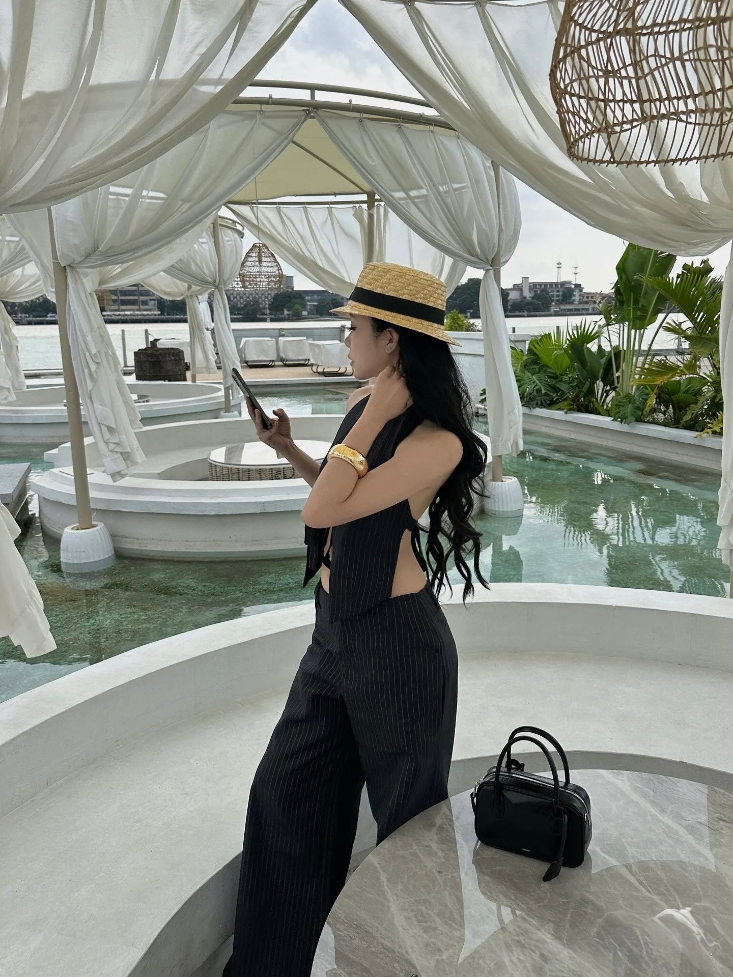 Striped Backless Bow Tie Blouse and Long Pants Suit Set