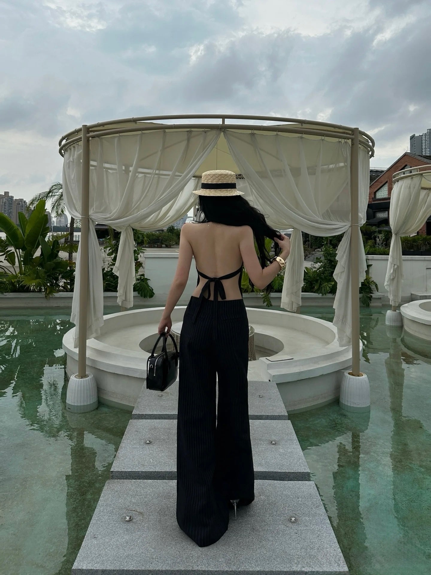 Striped Backless Bow Tie Blouse and Long Pants Suit Set