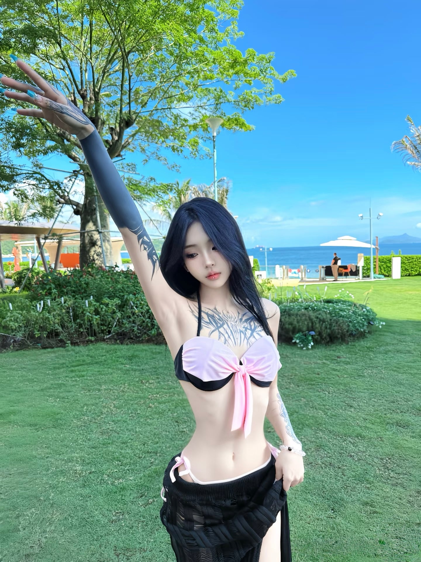 Black&Pink Bikini Drawstring Skirt Set