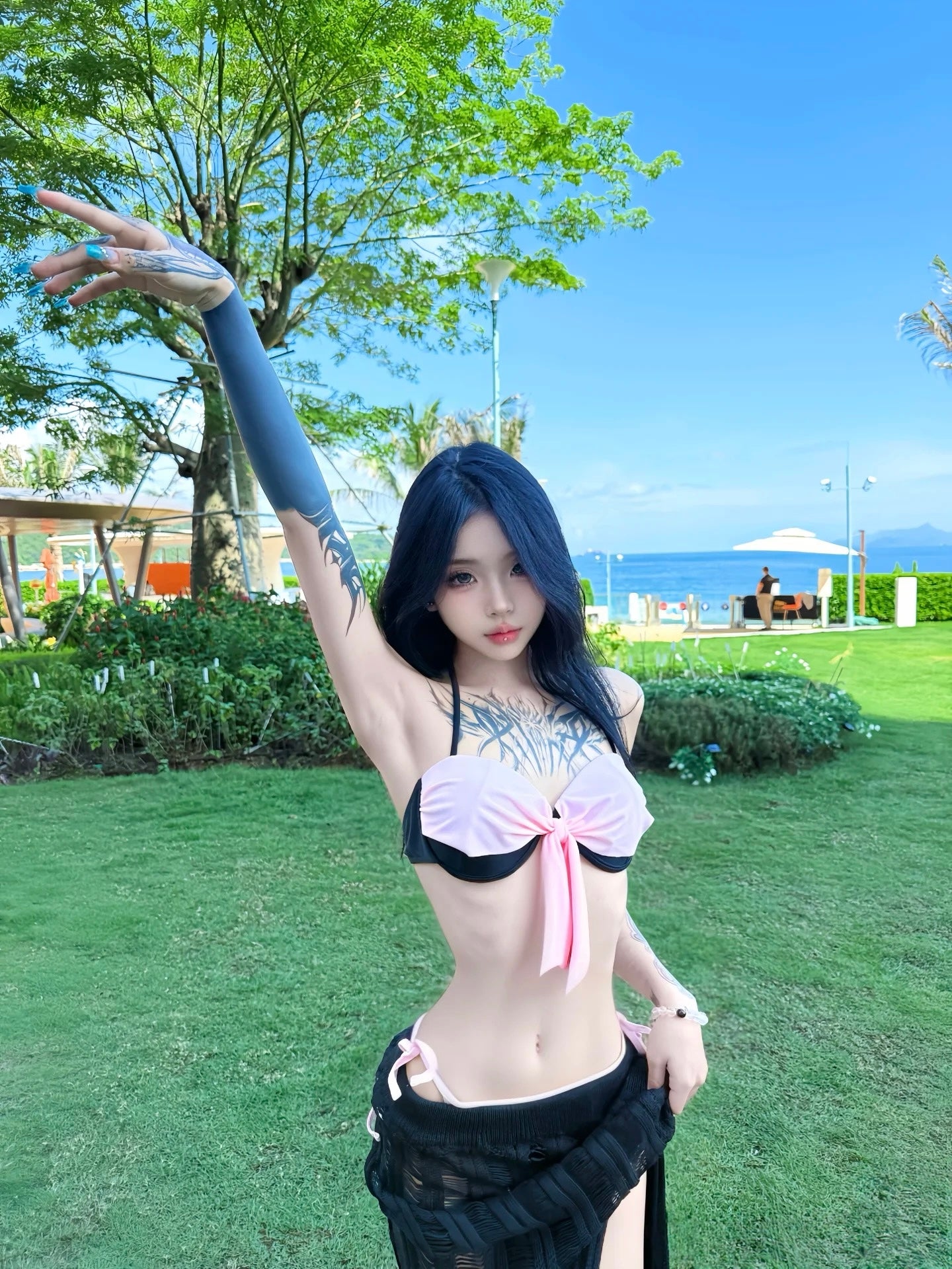 Black&Pink Bikini Drawstring Skirt Set