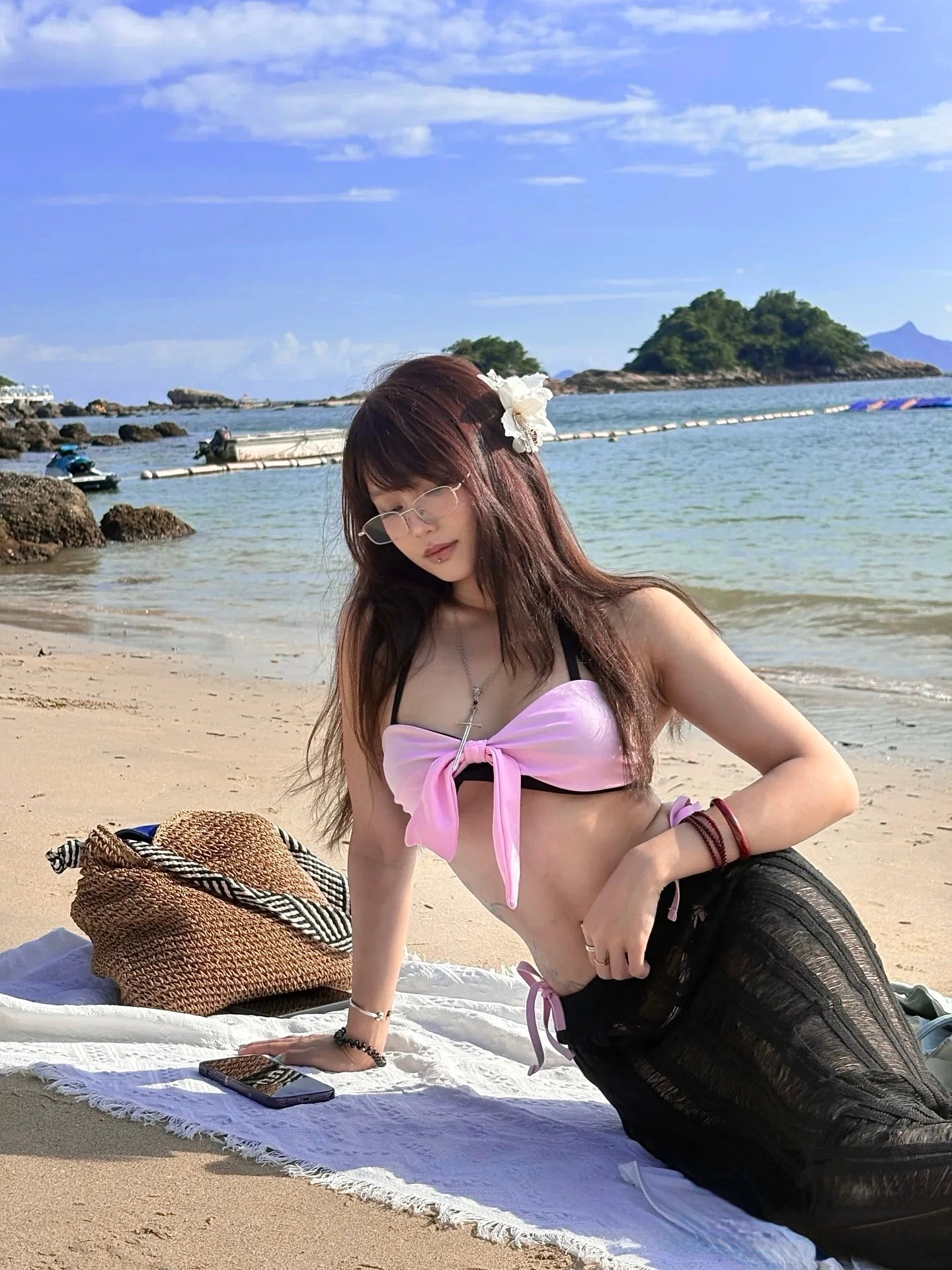 Black&Pink Bikini Drawstring Skirt Set