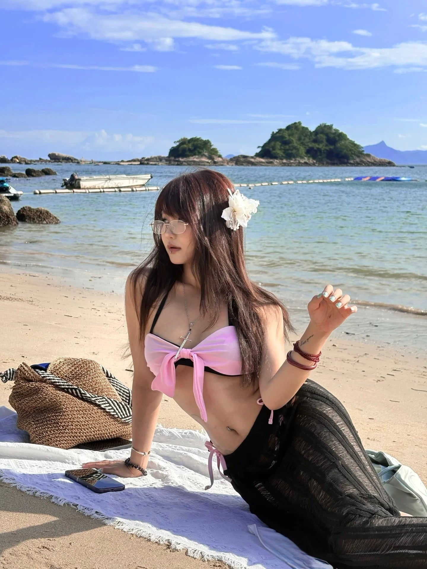 Black&Pink Bikini Drawstring Skirt Set