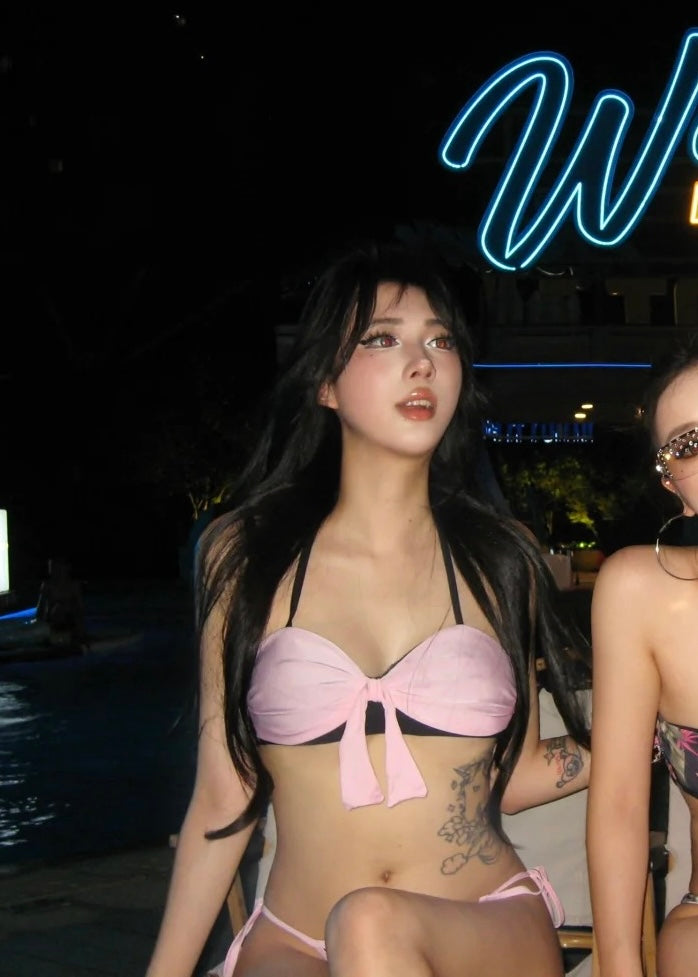Black&Pink Bikini Drawstring Skirt Set