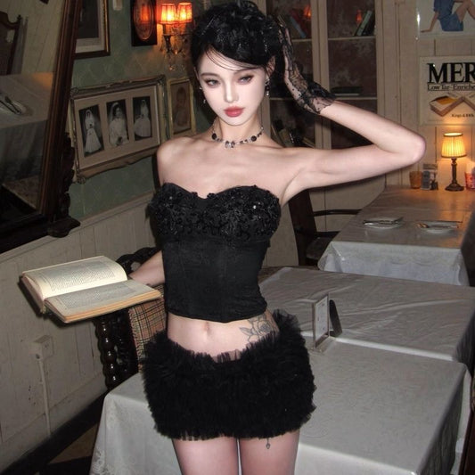 A- Black Strapless Top & Mini Skirt Set