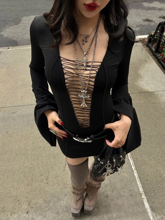 A- Black Deep-V Dress