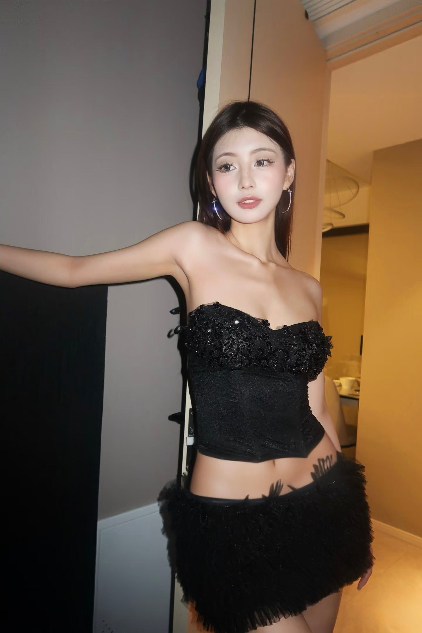 A- Black Strapless Top & Mini Skirt Set